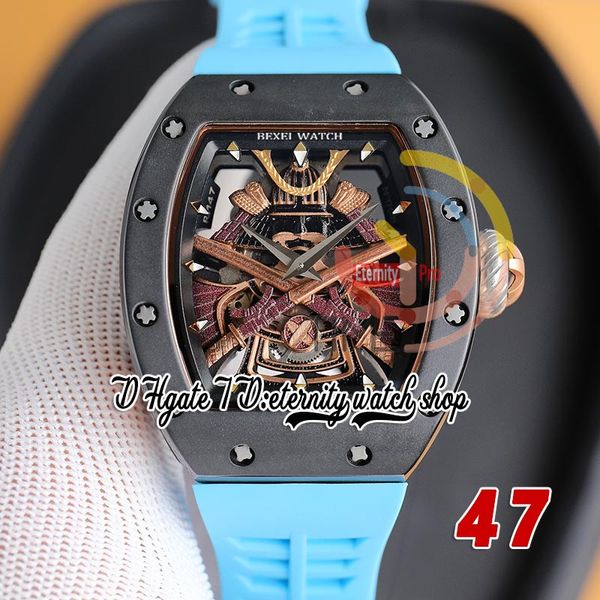 RRF 47 Última versión Japón Miyota NH Reloj automático para hombre Caja de cerámica negra Golden Samurai Armor Dial Correa de caucho azul Super versión Eternity Relojes de pulsera