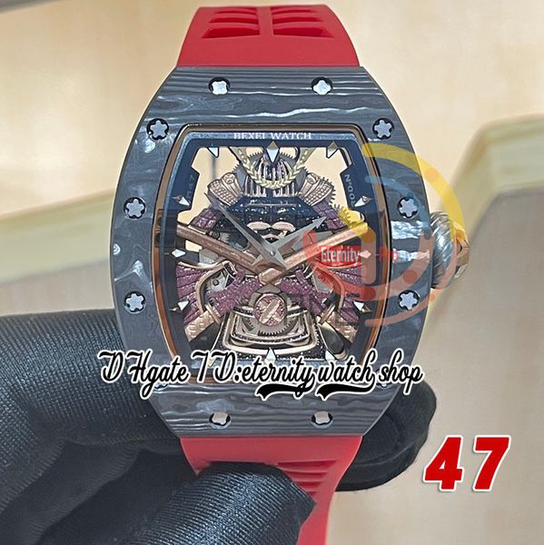 RRF 47 Última versión Japón Miyota NH Reloj automático para hombre NTPT Caja de fibra de carbono Golden Samurai Armor Dial Correa de caucho roja Super versión Eternity Relojes de pulsera