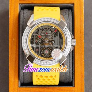 RRF Epic-X EX100.43.LD.OP.ALD4AT Reloj automático Tourbillon para hombre Caja de acero de 44 mm Baguette Diamantes de corte cuadrado Bisel Esfera esquelética Goma amarilla Reloj de zona horaria A01B (1)