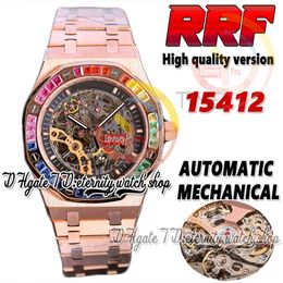 RRF sf15412 Automatisch mechanisch herenhorloge Rainbow T Diamond Bezel Skeleton Black Dial Double Balance 316L roestvrij staal Rose Gold Bracelet Eternity Watches