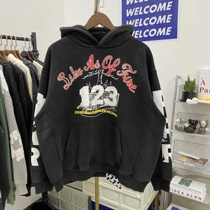 Rrr123 Co Branded Fog Age Youth League Même pull Made Old Letter Print Loose Pullover Hoodie Men