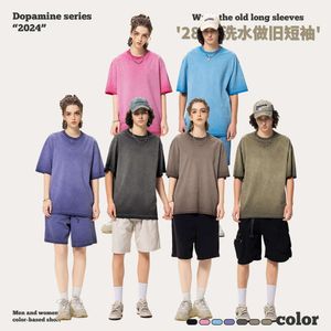 RS |280G nueva camiseta de color sólido de marca de moda de calle de manga corta de gran tamaño lavada desgastada para hombres