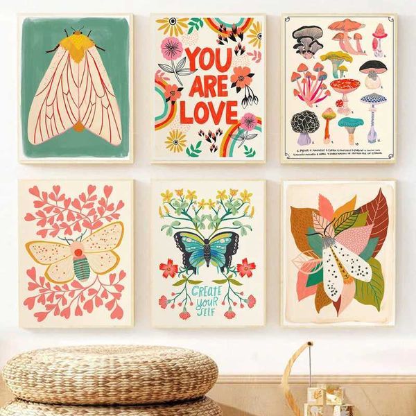 RS Affiche d'insectes animaux papillon toile de champignon peinture de chambre à maternelle pour enfants.
