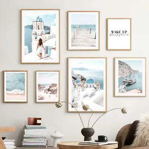 RS Beach Bridge Boat Waves Griekenland Egeïsche Zee Wall Art Canvasnordic Posters schilderen en afdrukken Wandfoto's voor woonkamer Decor J240505