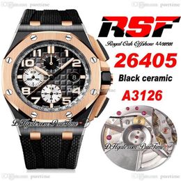 RSF 44 mm A3126 automatische chronograaf herenhorloge tweekleurig 18K roségouden rand zwarte keramische kast getextureerde wijzerplaat nummermarkeringen Rubbe2869