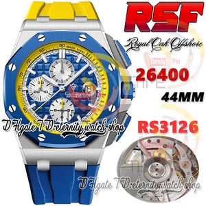 RSF IP26400 Cal.3126 A3126 chronograaf automatisch herenhorloge 44 mm blauwe keramiek ring gele binnenring textuur wijzerplaat stick markers rubberen band eeuwigheid horloges