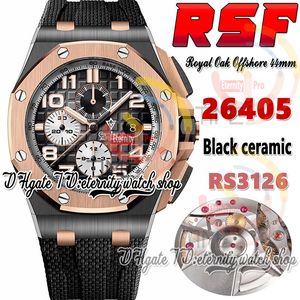 RSF IP26405 Cal.3126 A3126 chronograaf automatisch herenhorloge tweekleurig 18K roségoud bezel zwarte keramische kast textuur wijzerplaat nummermarkeringen rubberen band eeuwigheid horloges