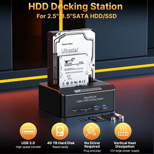 RSHTech Drive Drive Station d'accueil SATA vers USB 3.0 Dual Bay Adaptateur avec SD / TF pour 2,5 / 3,5 SSD HDD Clone hors ligne enclos 240322