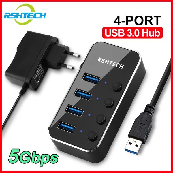 RSHTech USB 3.0 Hub Splitter 4 ports aluminium 5 Gbps USB Data Hub Expander avec commutateur ON / OFF individuel pour les ordinateurs portables MacBook 240418