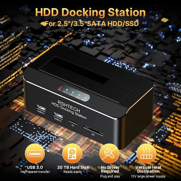 RSHTECH USB 3,0 a SATA adaptador de caja de estación de acoplamiento de disco duro externo para HDD SSD 2,5/3,5 con lector de tarjetas SD/TF 240322