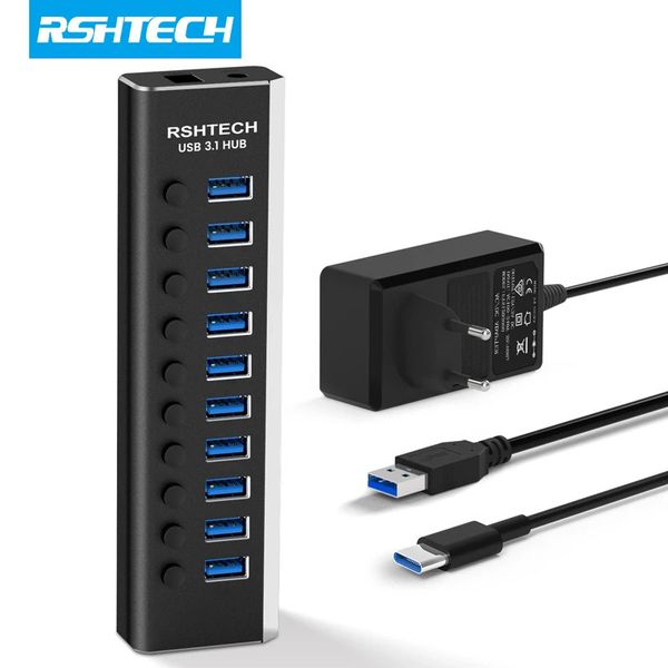RSHTech USB 3.1 Hub 10-Port Data Transfert 10 Gbps Aluminium 36W Hubs USB Extension avec adaptateur de puissance 12V / 3A USB C Splitter 240418
