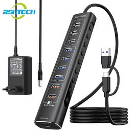 RSHTech USB Hub 10GBPS Type-C PD USB3.2 USB C HUB 60W USB-A 3.2 QC3.0 Laadpoorten Aluminium USB Splitter voor laptop/pc 240418