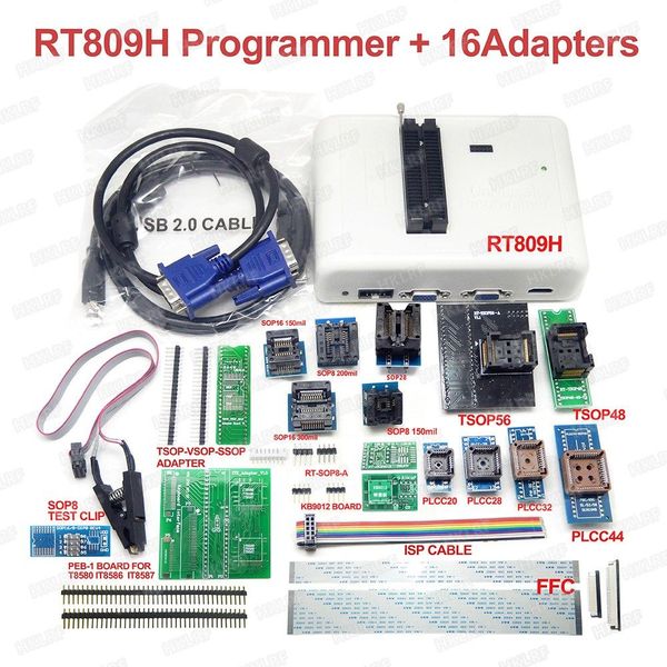 Programador FLASH RT809H EMMC-Nand + 16 adaptadores + adaptador TSOP56 TSOP48 SOP8 TSOP28 + Clip de prueba SOP8 con cables EMMC-Nand