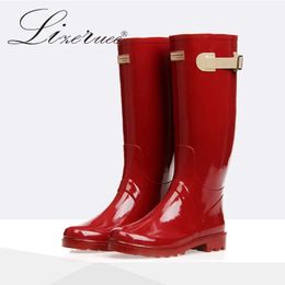 Botas de goma para mujer, Botas de lluvia clásicas británicas de tubo alto, Botas de lluvia rojas impermeables, zapatos de caza, botas de agua para mujer 231226