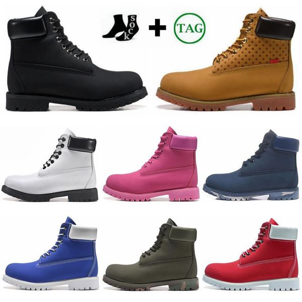 Plataforma de goma Botas de hombre Diseñador de madera Zapatos de tierra Tobillo Denim Clásico Mujer Rojo Marrón Negro Senderismo Trabajo Botas de motocicleta Botín con original 36-46