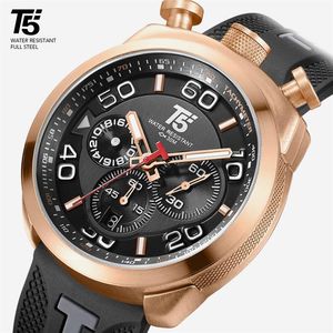 Rubber Band T5 Luxe Goud Zwart mannelijke Quartz Chronograaf gift Waterdichte Sport Mannen chea Horloge Heren Horloges Man Polshorloge clock248L