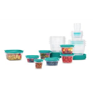 Rubbermaid Flex and Seal Juego de 21 recipientes de almacenamiento de alimentos variados, tapas verde azulado