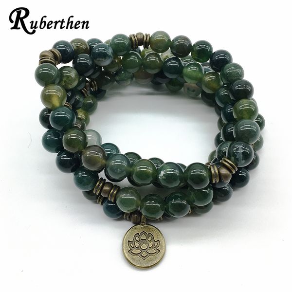 Brins de perles Ruberthen Bracelet ou collier de guérison de yoga de conception de haute qualité Pierre de mousse naturelle Lotus Méditatif 108 Bijoux de yoga Mala