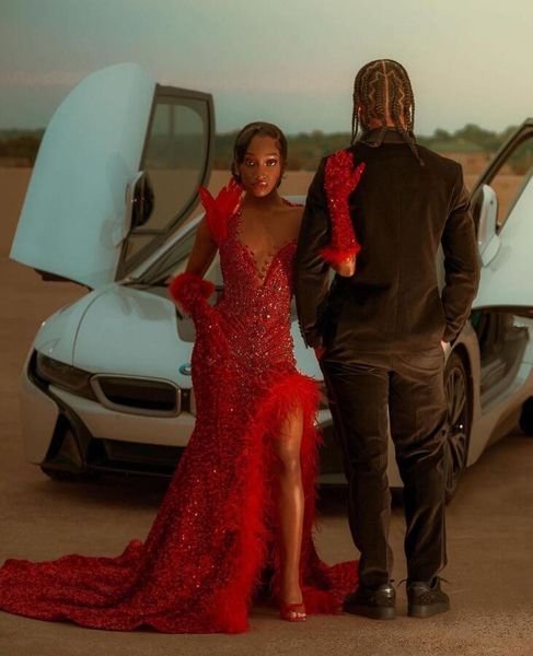 Robe de bal africaine rouge rubis scintillante pour femmes, robe de soirée de luxe, diamant, cristal, velours, plumes, robe de cérémonie pour filles noires