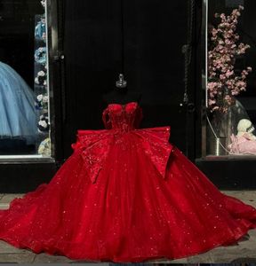 Ruby Red Sparkly Princess Quinceanera Dresses 2024 Gillter Off Shoulder Floral Applique Corset Vestidos de 15 Quinceanera 2024