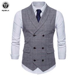 RUELK Primavera y otoño Moda para hombre Marca de celosía Traje Chaleco Chaqueta Casual Sin mangas Slim Elegante Chaleco de gran tamaño M-4XL 211120