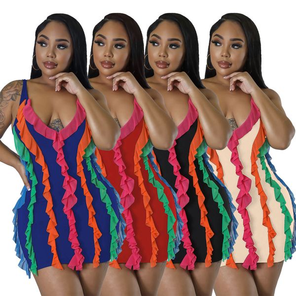 Vestidos casuales con volantes Mini vestido sin mangas de verano para mujer Rainbow Piping Fringe V Neck Backless Bodycon Vestidos Negro Rojo Azul Beige Ropa femenina