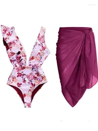 Ruffle Deep V Neck Swimsuit Flower Match Bathing Trots et jupe Beachwear Summer Women's Swimwwear Vacation Sexy / 2024