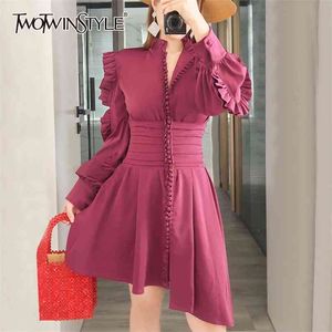 Vestido elegante con volantes para mujer, vestidos con dobladillo asimétrico de cintura alta y manga larga, moda de otoño para mujer 210520