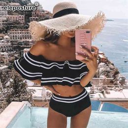 Ruche hoge taille sexy off the schouder zwemkleding vrouwen zwempak Braziliaanse bikini set badpakken zomerstrand slijtage 210319