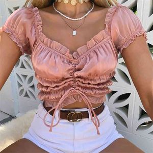 Ruche Lace Up Blouses Tops Vrouw Ruched Black Crop Backless Pink Dames Beach Off Shoulder Blouse 210427