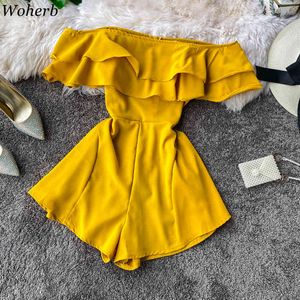 Ruche off Shoulder Playsuit Dames Casual Slanke Taille Wide Poot Korte Jumpsuit Vintage Solid Rompertjes Womens 210422