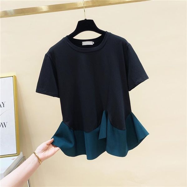 Ruffle Patchwork Loose Short Sleeve O Neck T-shirt Femme Casual Top Summer Fashion 210615
