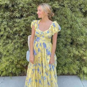 Ruche Puff Sleeve Floral Print Jurk voor Dames Vintage Zomer Maxi Lange Jurk Geel Boho A-lijn Strand Hooliday Jurk 210415