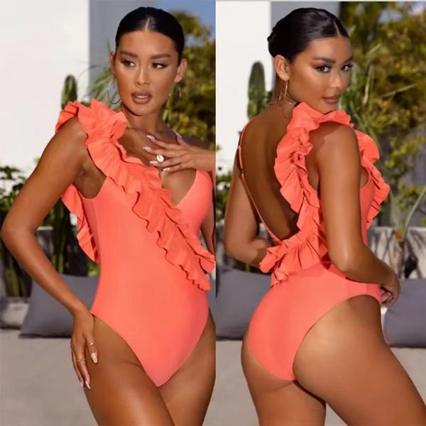 Ruffle Sexy One Piece Swimsuits 2023 New Orange Swimwear Mujeres Mujeres sin espalda Suites de baño de cuello en V para mujeres