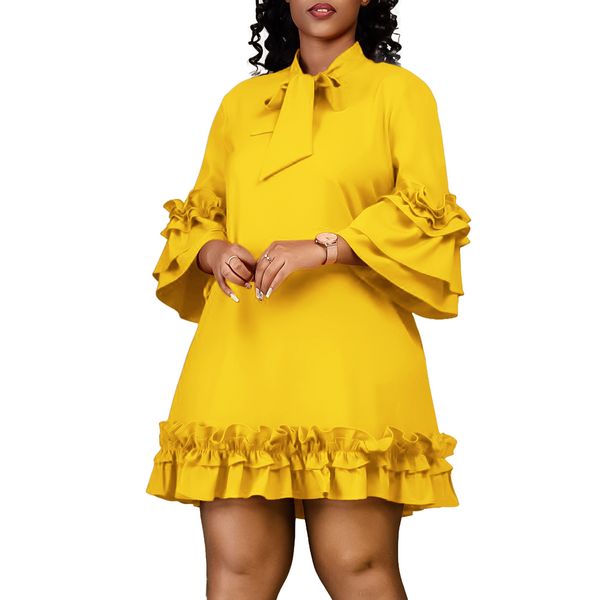 Manches à volants Femmes Mode Élégante Robes De Grande Taille Dames À Lacets Col Robes Décontractées Plissé Vintage Designer Robe De Soirée Robes Chemisier Vêtements Pour Femmes 3XL