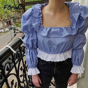 Ruche Vintage Plaid Blouse Shirt Dames Franse Stijl Print Boho Lente Herfst Crop Tops Puff Sleeve Casual Blue Blouse 210415