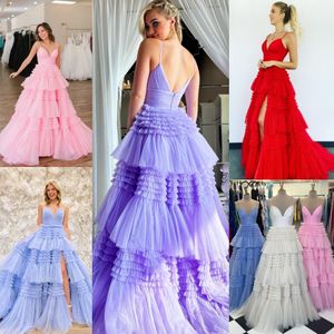 Ruffled passende prom jurk lagen glitter tule hoge spleet rok lady preteen tiener meisje optocht jurk formeel feest bruiloft gasten rode capet catwalk lila roze periwinkle