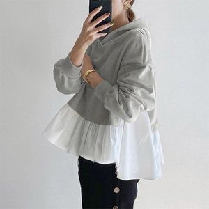 Ruffled Patchwork Hooded Dames Hoodies Herfst lange mouw Dikke vrouwelijke sweatshirts Koreaanse streetwear Casual Lady pullover 201203