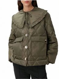 Parkas de tipo corto acolchado con volantes para mujer, cárdigan con cuello vuelto en 3 colores, chaqueta femenina de un solo pecho con manga Lg 480T #