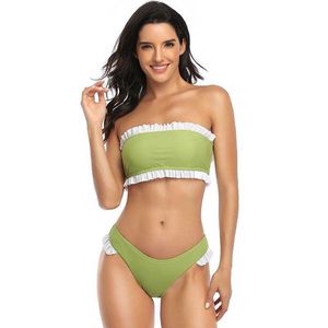 Gegolfde strapless twee stukken badpak vrouwen zomer sexy tube top split thong skinny beach vakantie vrouwelijke bikini 210608