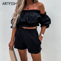 Ruffles Beach Sets Slash Neck Homewear Mujeres Soft Crop Tops y Shorts Outwear Summer Two Piece Sexy Matching Set G2757 220509