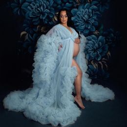 Volants Bleu Tulle Kimono Femmes Robes Robe pour Photoshoot Extra Puffy Manches Robes De Bal Cape Africaine Cape Robe De Maternité Photographie