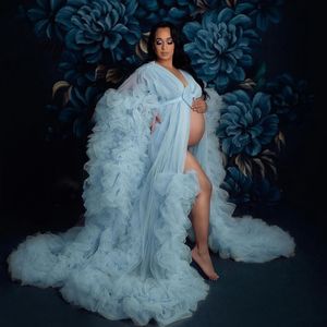 Ruches Blauwe Tule Kimono Vrouwen Jurken Gewaad voor Fotoshoot Extra Puffy Mouwen Prom Jassen Afrikaanse Cape Mantel Zwangerschaps Jurk Fotografie