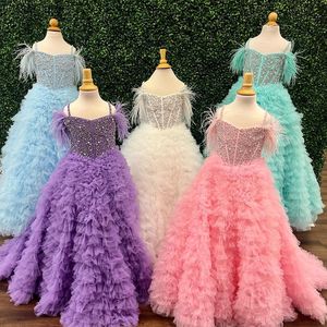 Ruches Candy Color Girl Pageant Dress 2023 Feather Crystals Pearls Little Kid Birthday Formal Party Jurk Infant Toddler Tieners Tiny Young Junior Miss Aqua Pink Lilac