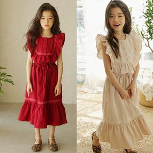 Ruffles Coton Maxi Adolescente Robe Longue Princesse Fille Toddler Enfants Robes Pour Les Filles D'été Pétale Manches Rouge Kaki Vêtements LJ200921