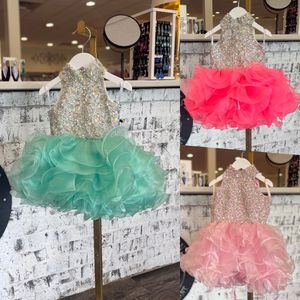 Ruffles Cupcake Girl Pageant Dress 2022 Cristales Little Kids Cocktail Rising Star En el escenario Evento formal Fiesta Vestir Vestidos de baile Infant Toddler Flower Girls Aqua Pink