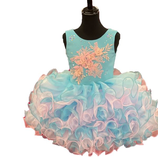 Volantes Cupcake Girl Pageant Dress 2023 Cristales Cóctel para niños pequeños Estrella en ascenso en el escenario Evento formal Fiesta Vestidos Vestidos para niños pequeños Niñas de flores Turquesa Rosa