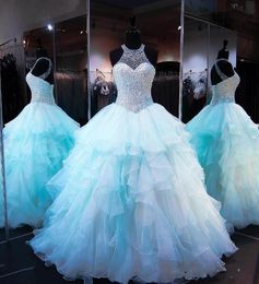 Ruches Ice Blue Organza Ball Jurk Quinceanera jurken kralen parels Parels lodice veter prom jurken zoete 16 jurk voor meisjes s