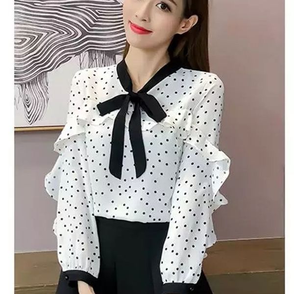 Ruffles Lady White Black Shirts Blusa de trabajo formal Casual Mujer Blusas de gasa Camisa Slim Blusa femenina Tops DF2349 210609