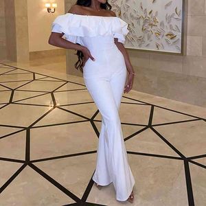 Ruches Off Shoulder Elegant Jumpsuit Solid Color Office Lady Avond Party Chic Flare Pants Romper Overalls 210521